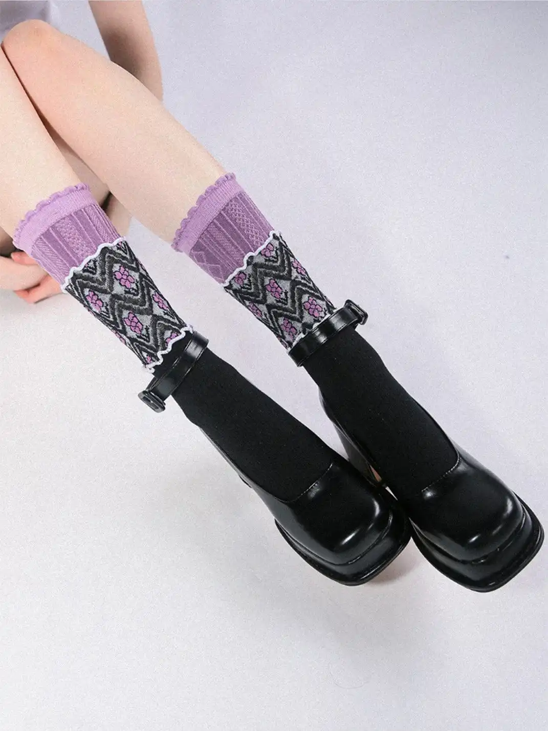 SS2L | Layered Splicing Ruffle Floral Mid-Calf Socks