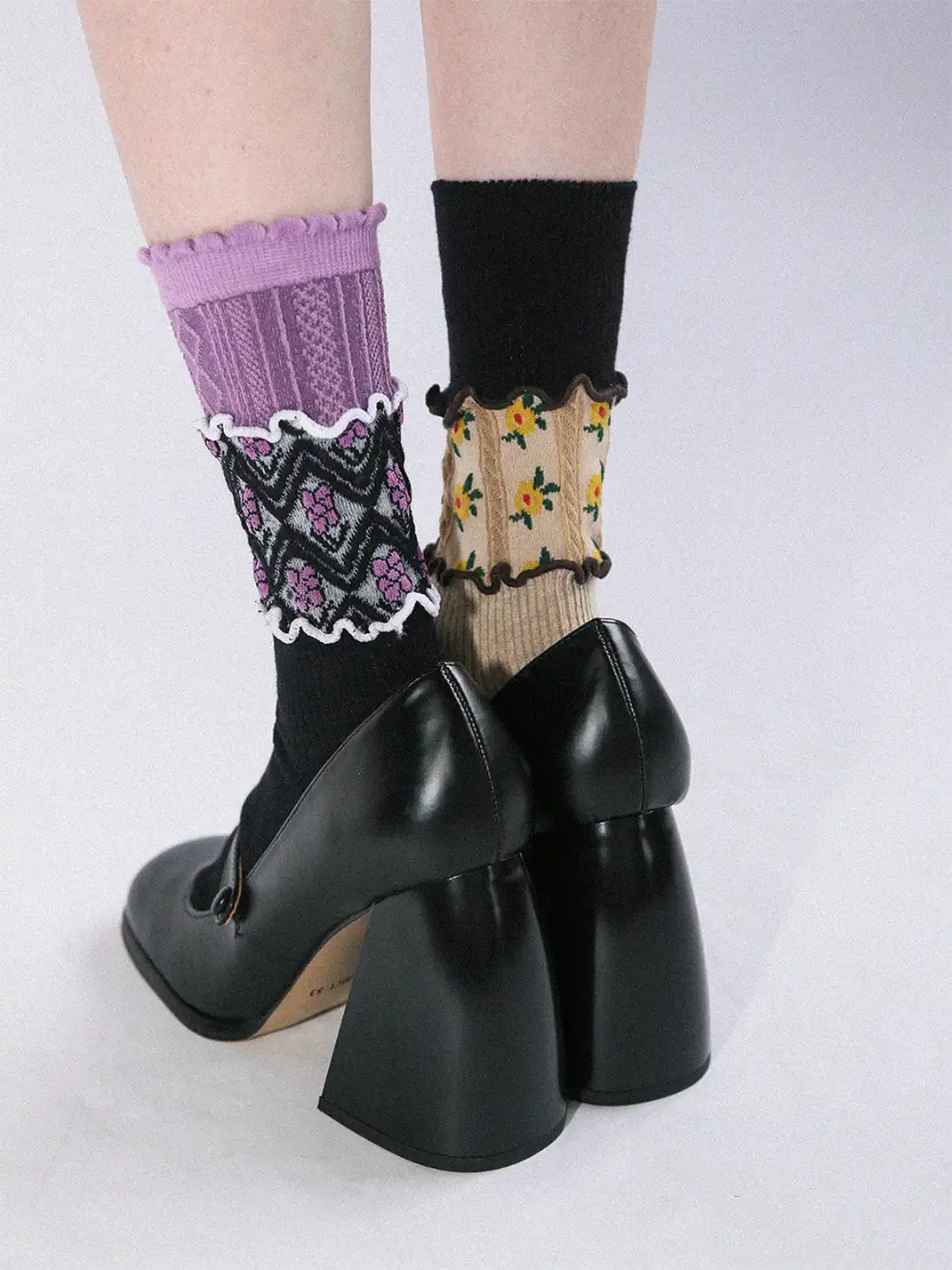 SS2L | Layered Splicing Ruffle Floral Mid-Calf Socks