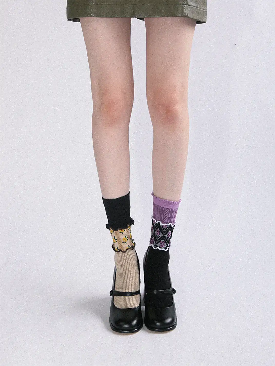 SS2L | Layered Splicing Ruffle Floral Mid-Calf Socks