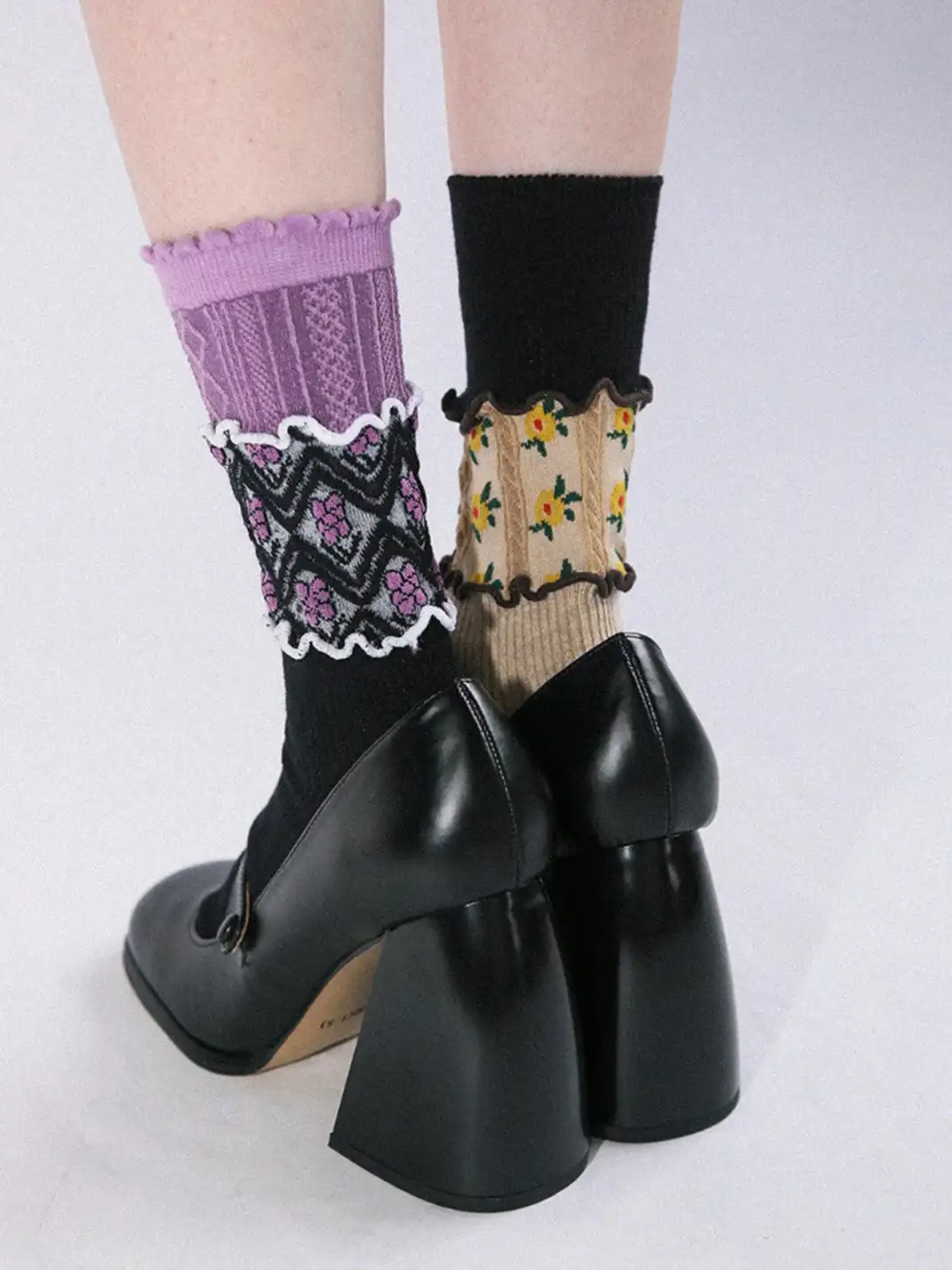 SS2L | Layered Splicing Ruffle Floral Mid-Calf Socks