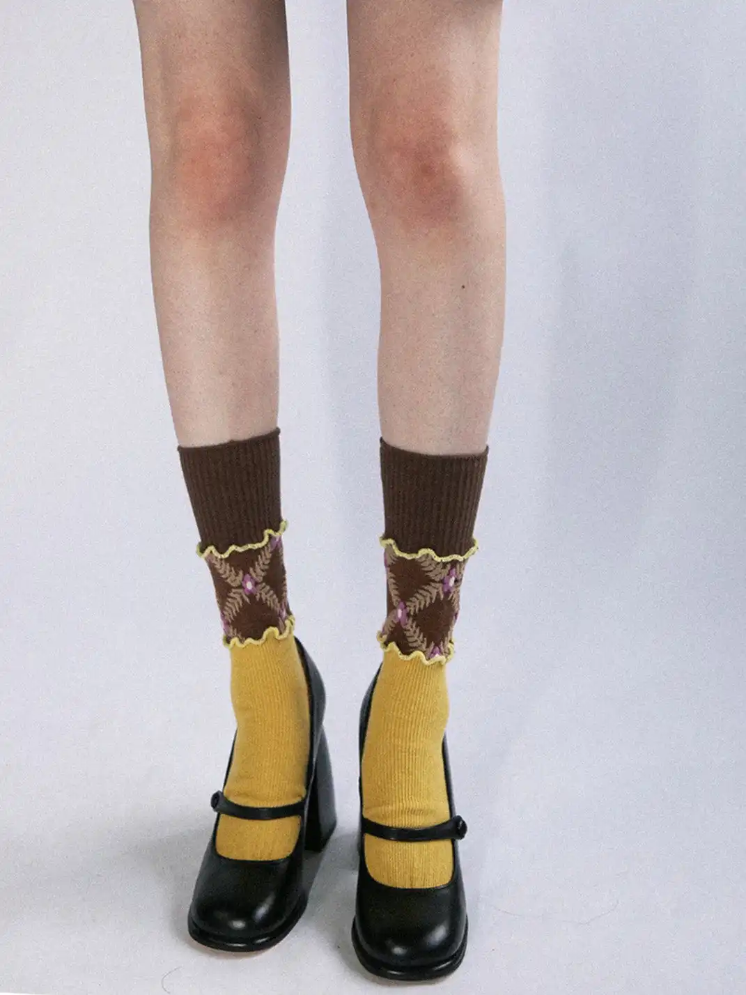 SS2L | Layered Splicing Ruffle Floral Mid-Calf Socks