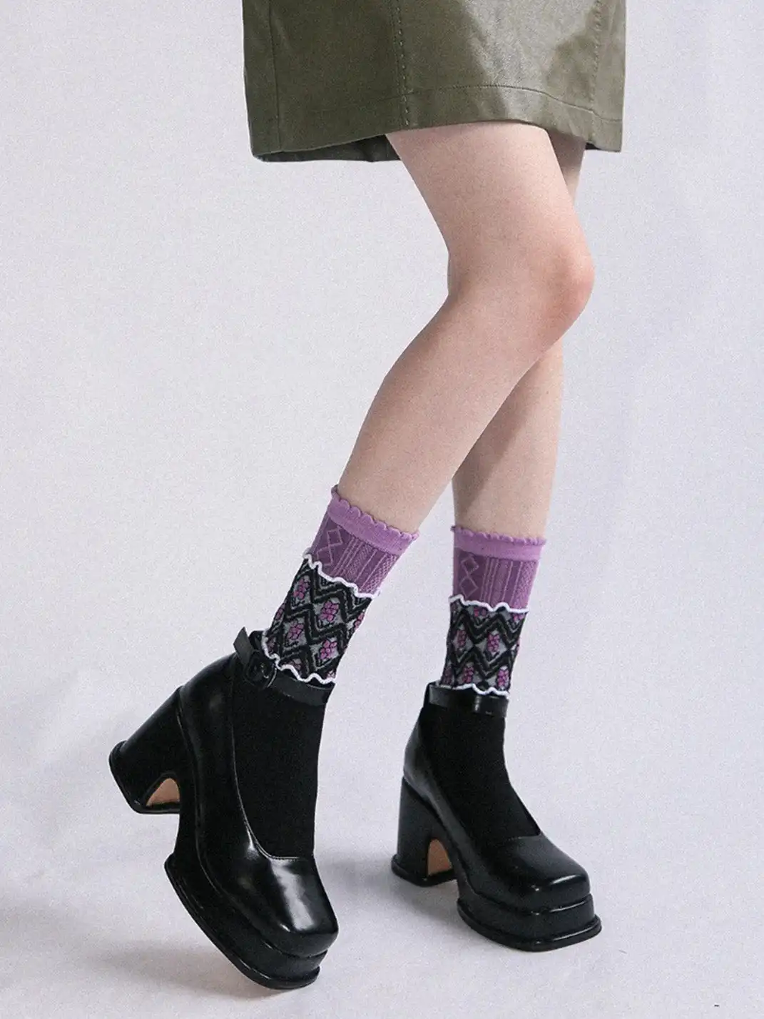 SS2L | Layered Splicing Ruffle Floral Mid-Calf Socks