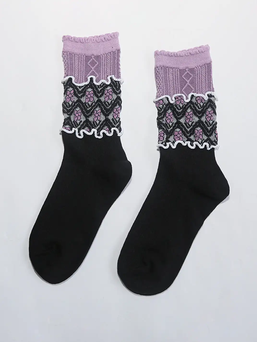 SS2L | Layered Splicing Ruffle Floral Mid-Calf Socks