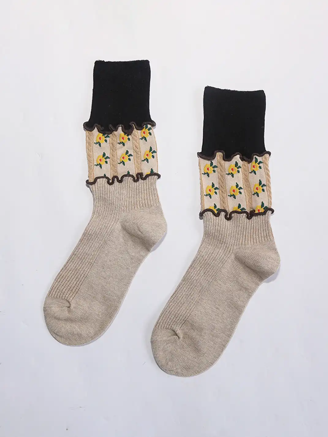 SS2L | Layered Splicing Ruffle Floral Mid-Calf Socks