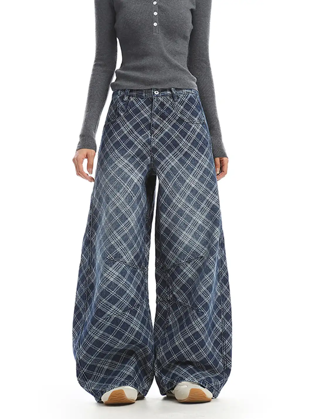BIGGOLD | Embroidered Plaid Deconstructed Denim Pants
