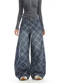 BIGGOLD | Embroidered Plaid Deconstructed Denim Pants