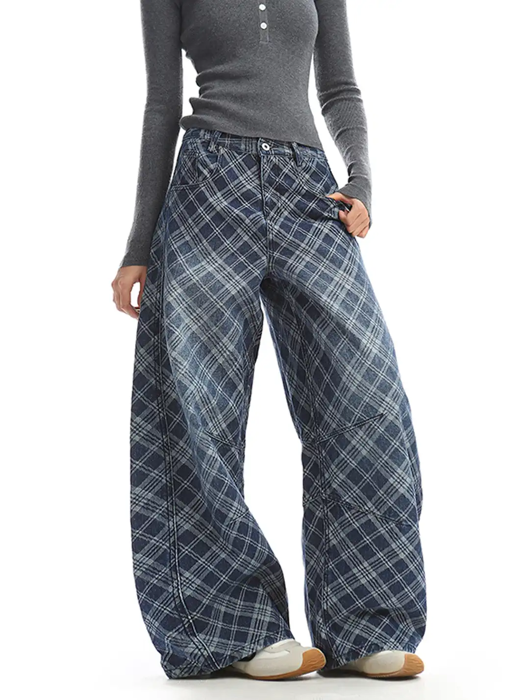 BIGGOLD | Embroidered Plaid Deconstructed Denim Pants