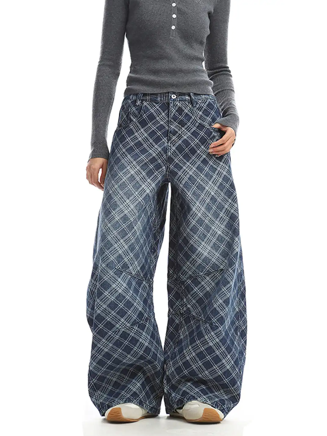 BIGGOLD | Embroidered Plaid Deconstructed Denim Pants