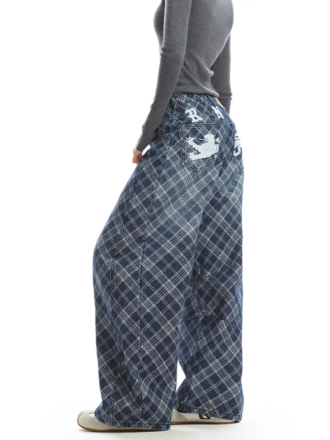 BIGGOLD | Embroidered Plaid Deconstructed Denim Pants