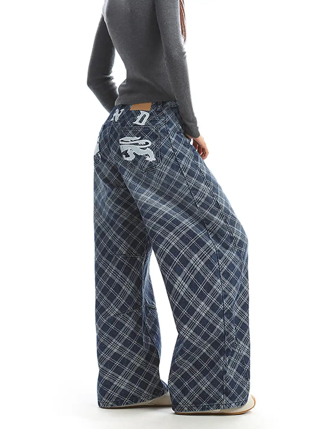 BIGGOLD | Embroidered Plaid Deconstructed Denim Pants
