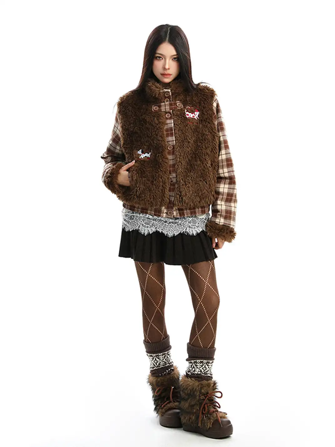 BIGGOLD | Lamb Fleece and Plaid Spliced Stand Collar Quilted Coat