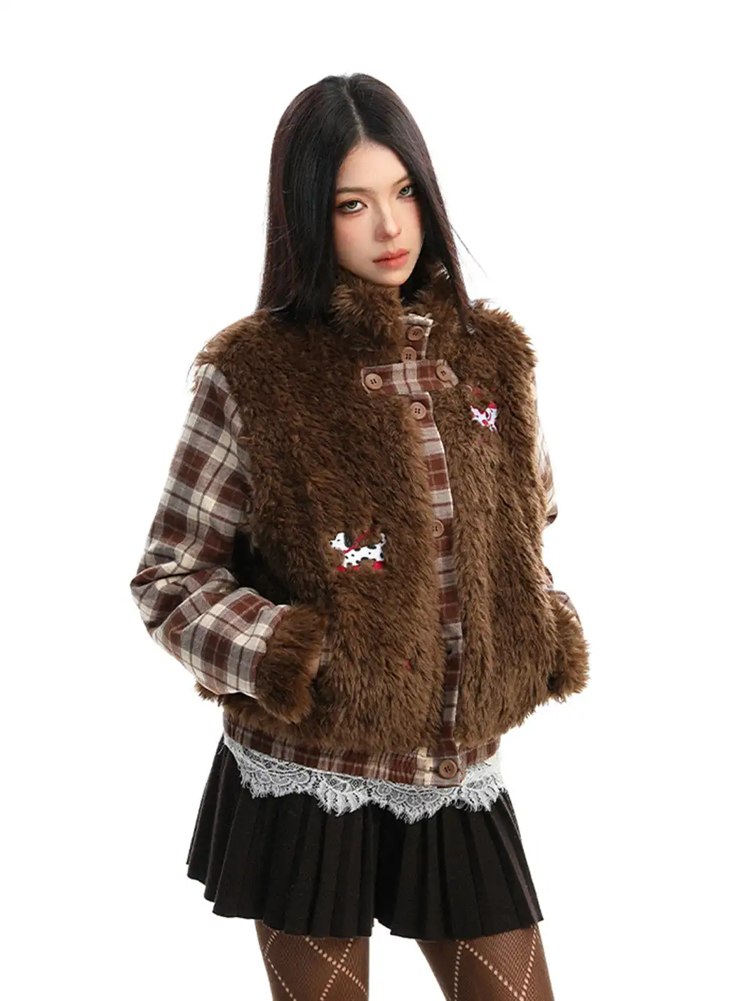 BIGGOLD | Lamb Fleece and Plaid Spliced Stand Collar Quilted Coat