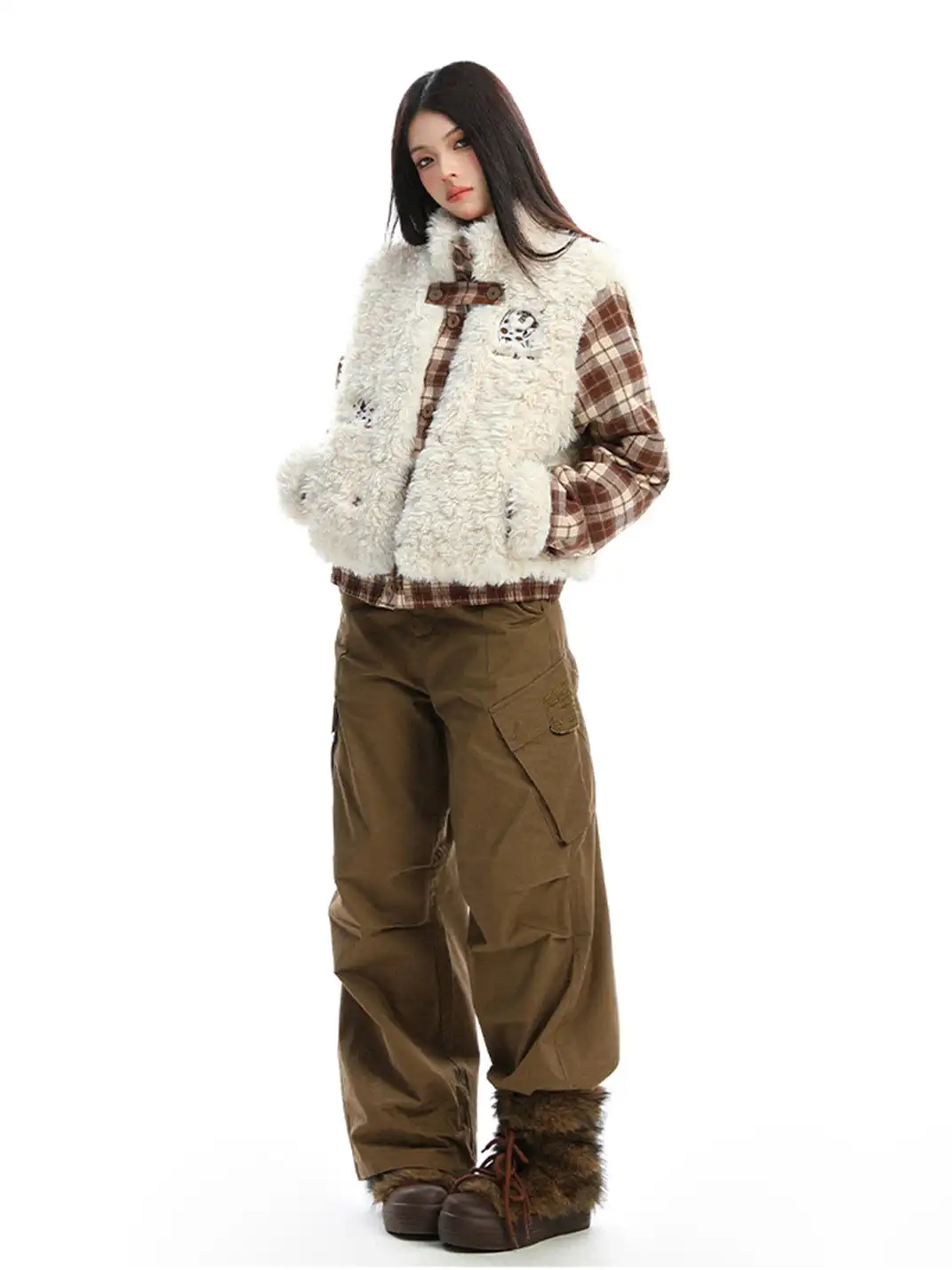 BIGGOLD | Lamb Fleece and Plaid Spliced Stand Collar Quilted Coat