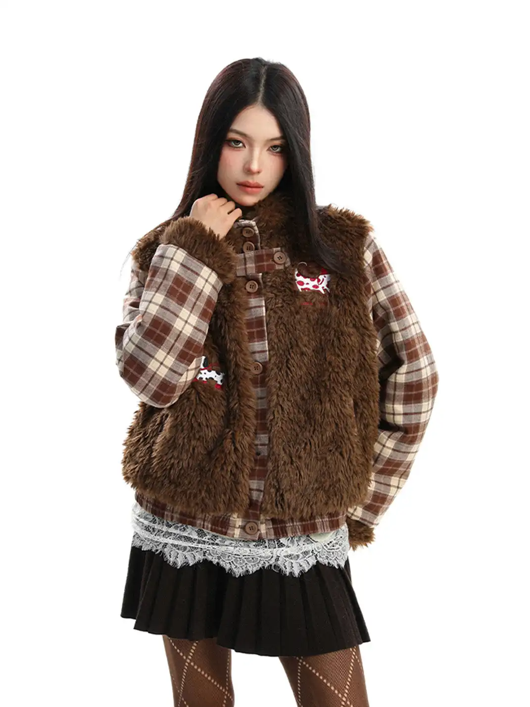 BIGGOLD | Lamb Fleece and Plaid Spliced Stand Collar Quilted Coat