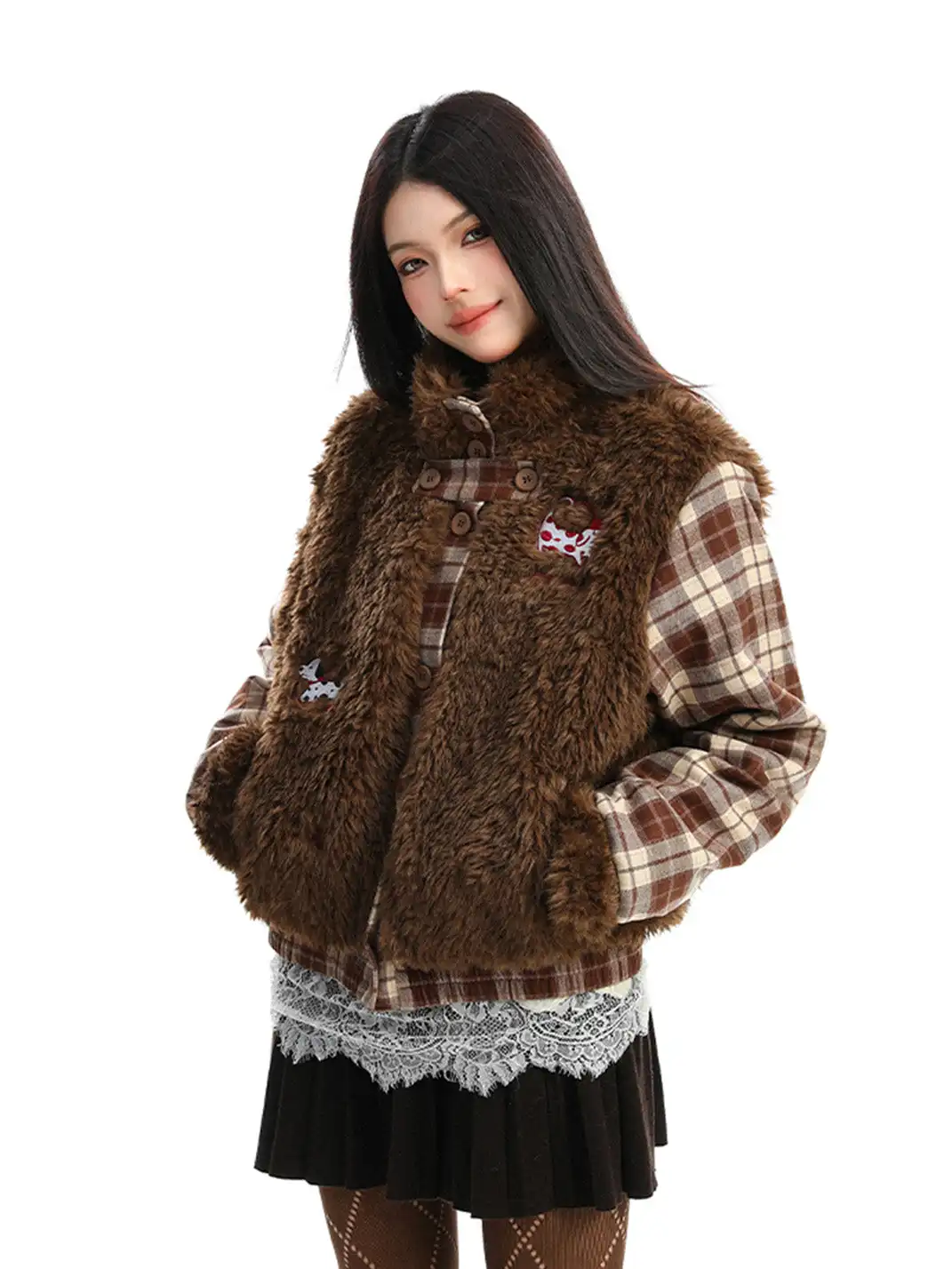 BIGGOLD | Lamb Fleece and Plaid Spliced Stand Collar Quilted Coat