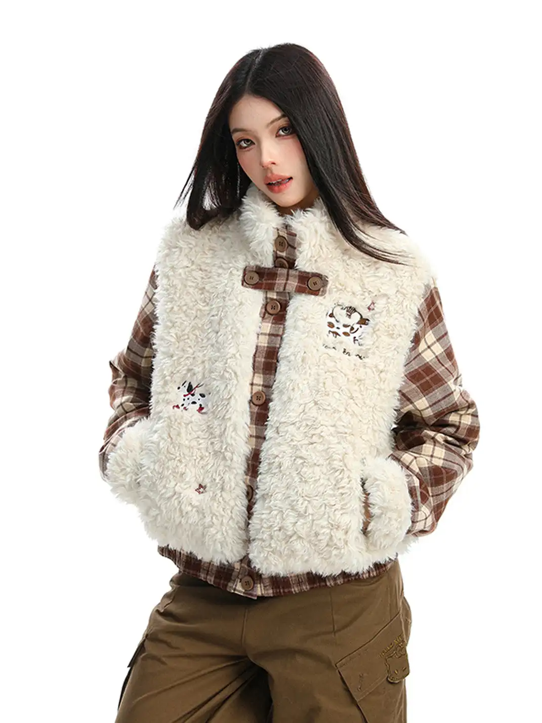BIGGOLD | Lamb Fleece and Plaid Spliced Stand Collar Quilted Coat