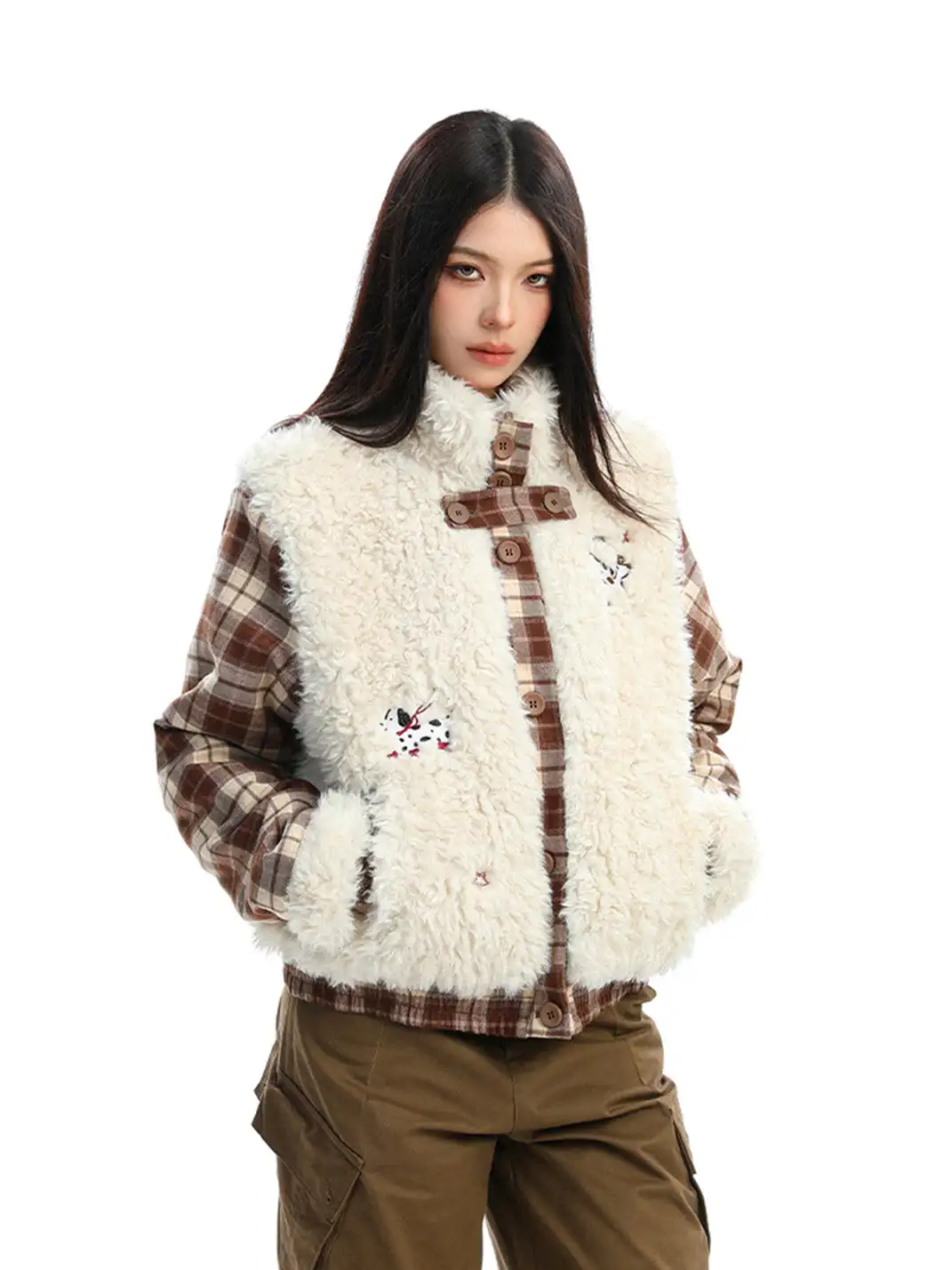 BIGGOLD | Lamb Fleece and Plaid Spliced Stand Collar Quilted Coat