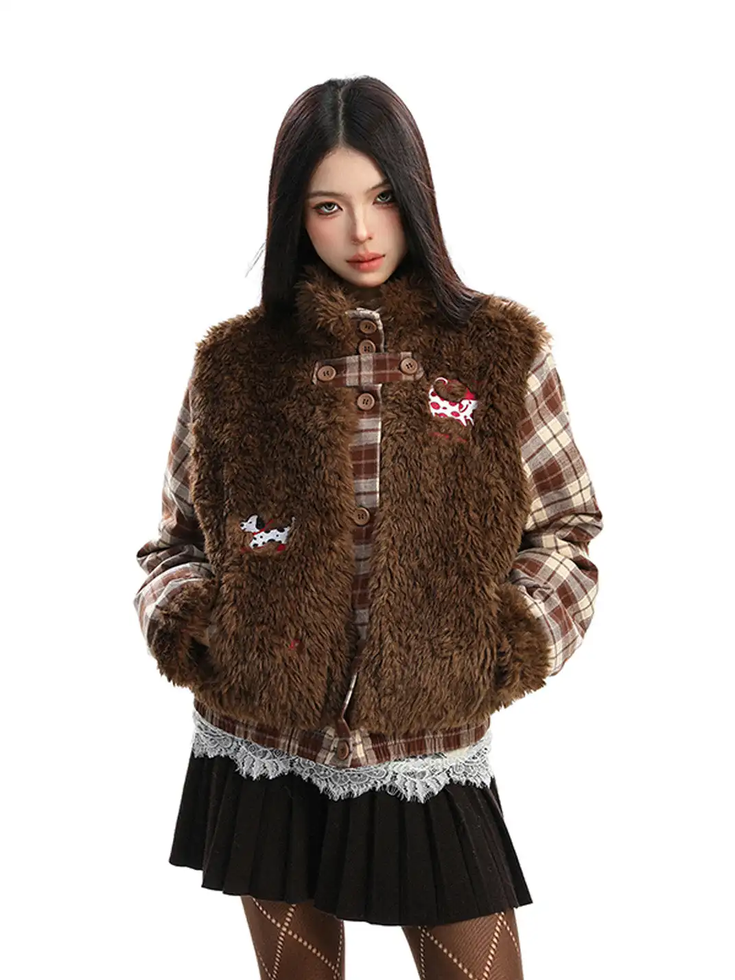 BIGGOLD | Lamb Fleece and Plaid Spliced Stand Collar Quilted Coat