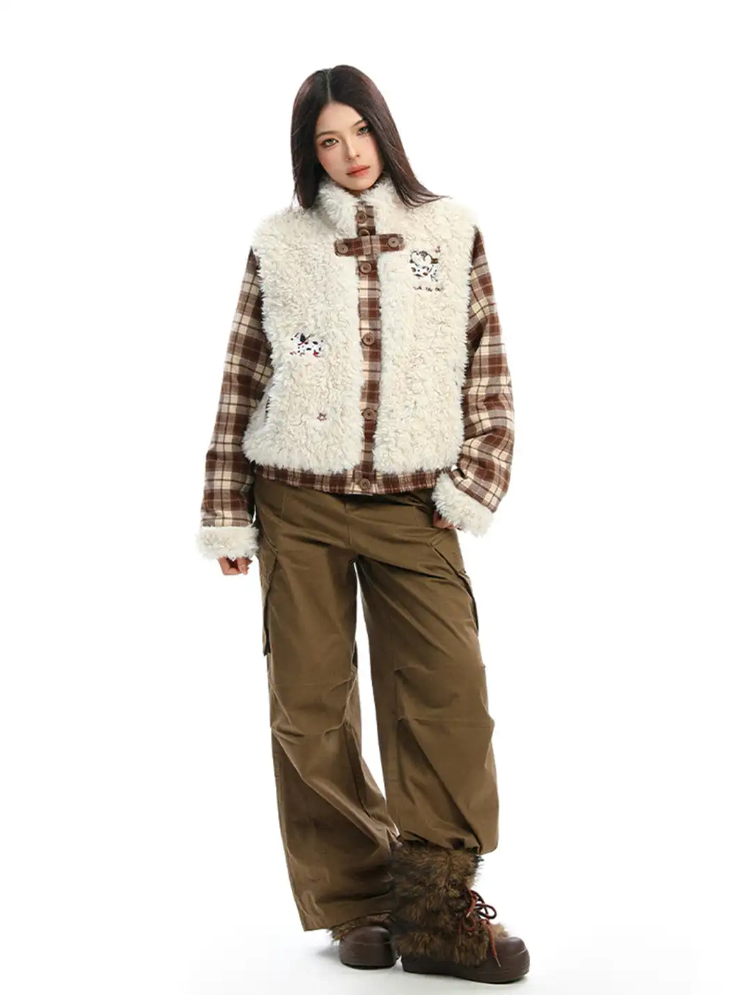 BIGGOLD | Lamb Fleece and Plaid Spliced Stand Collar Quilted Coat
