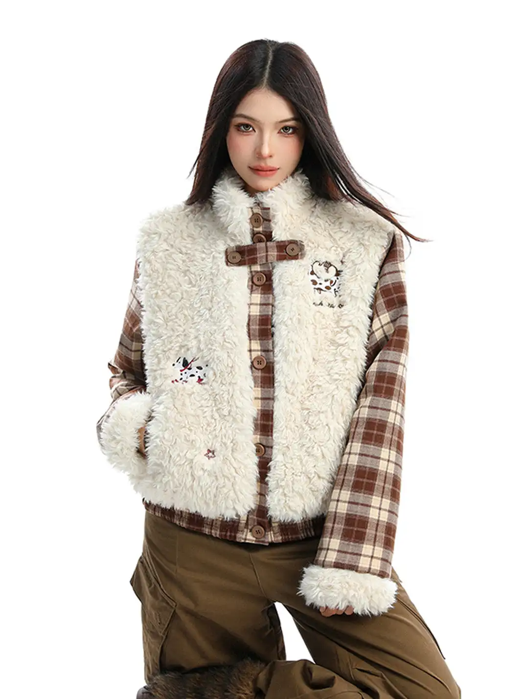 BIGGOLD | Lamb Fleece and Plaid Spliced Stand Collar Quilted Coat