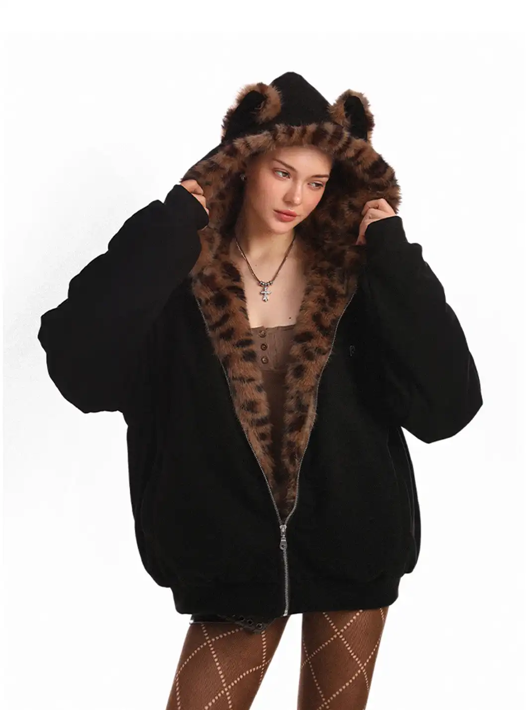 BIGGOLD | Suede Leopard Fleece Hooded Coat