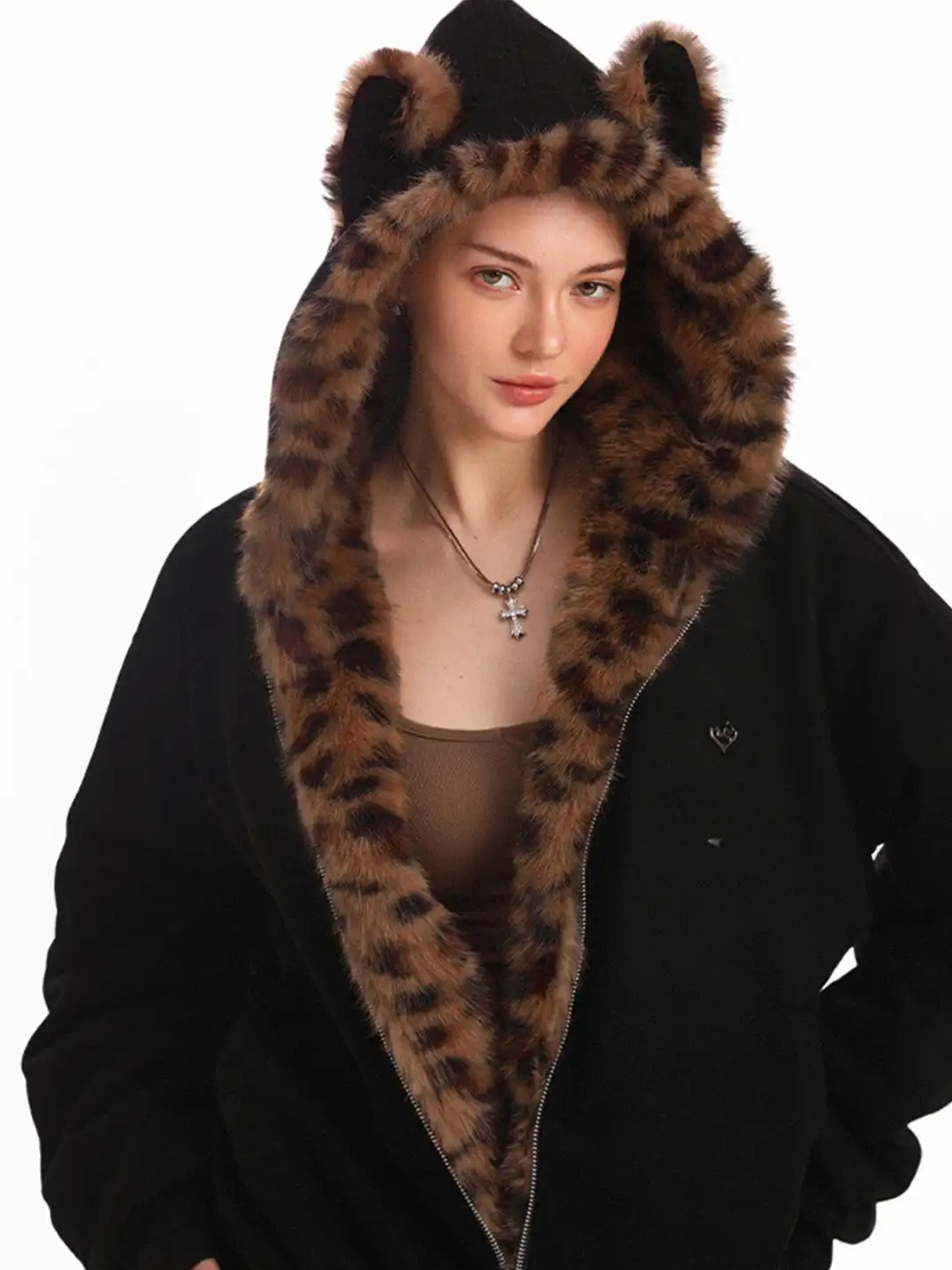 BIGGOLD | Suede Leopard Fleece Hooded Coat