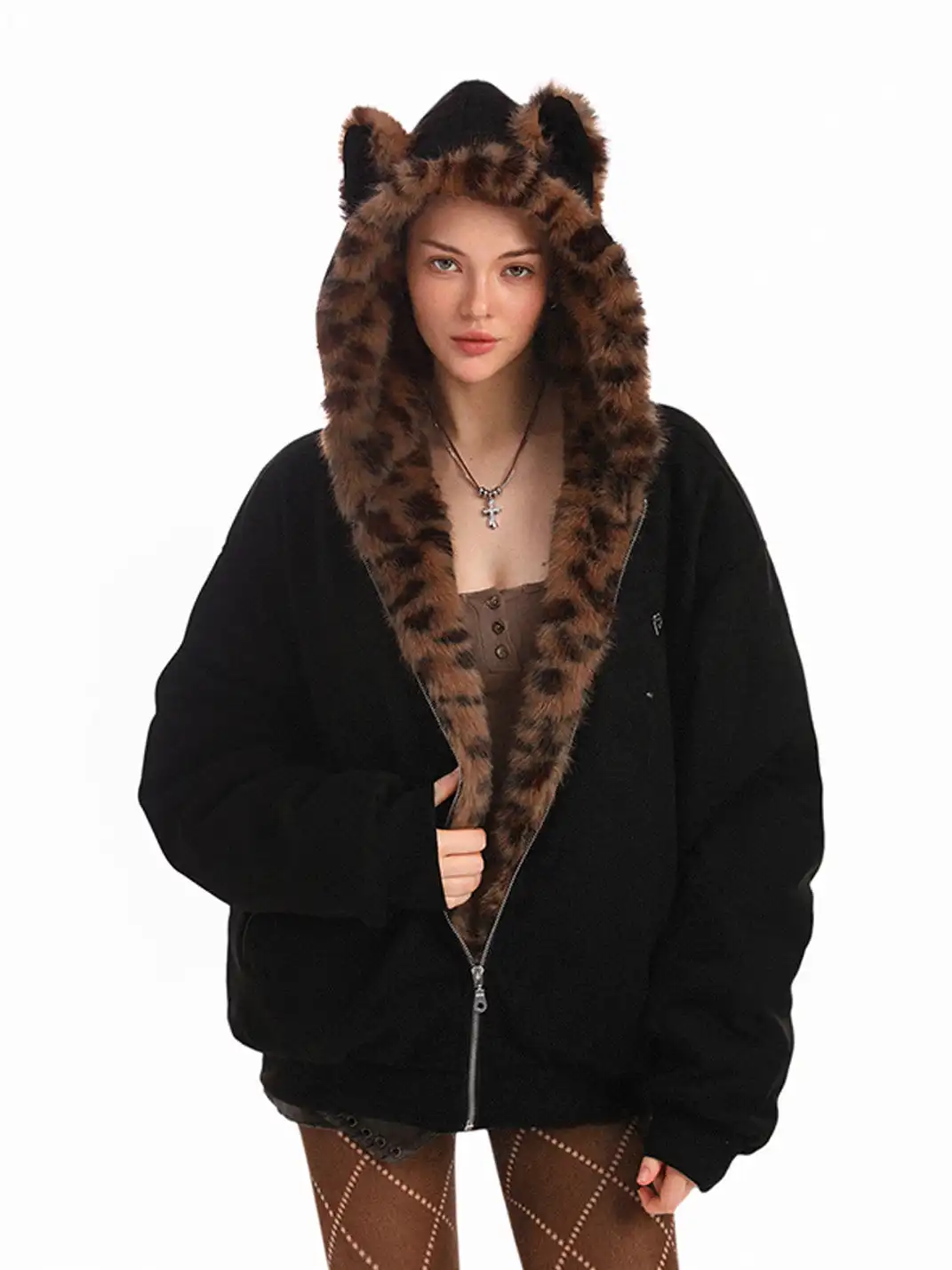 BIGGOLD | Suede Leopard Fleece Hooded Coat