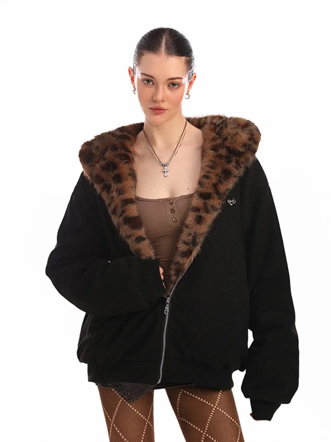 BIGGOLD | Suede Leopard Fleece Hooded Coat