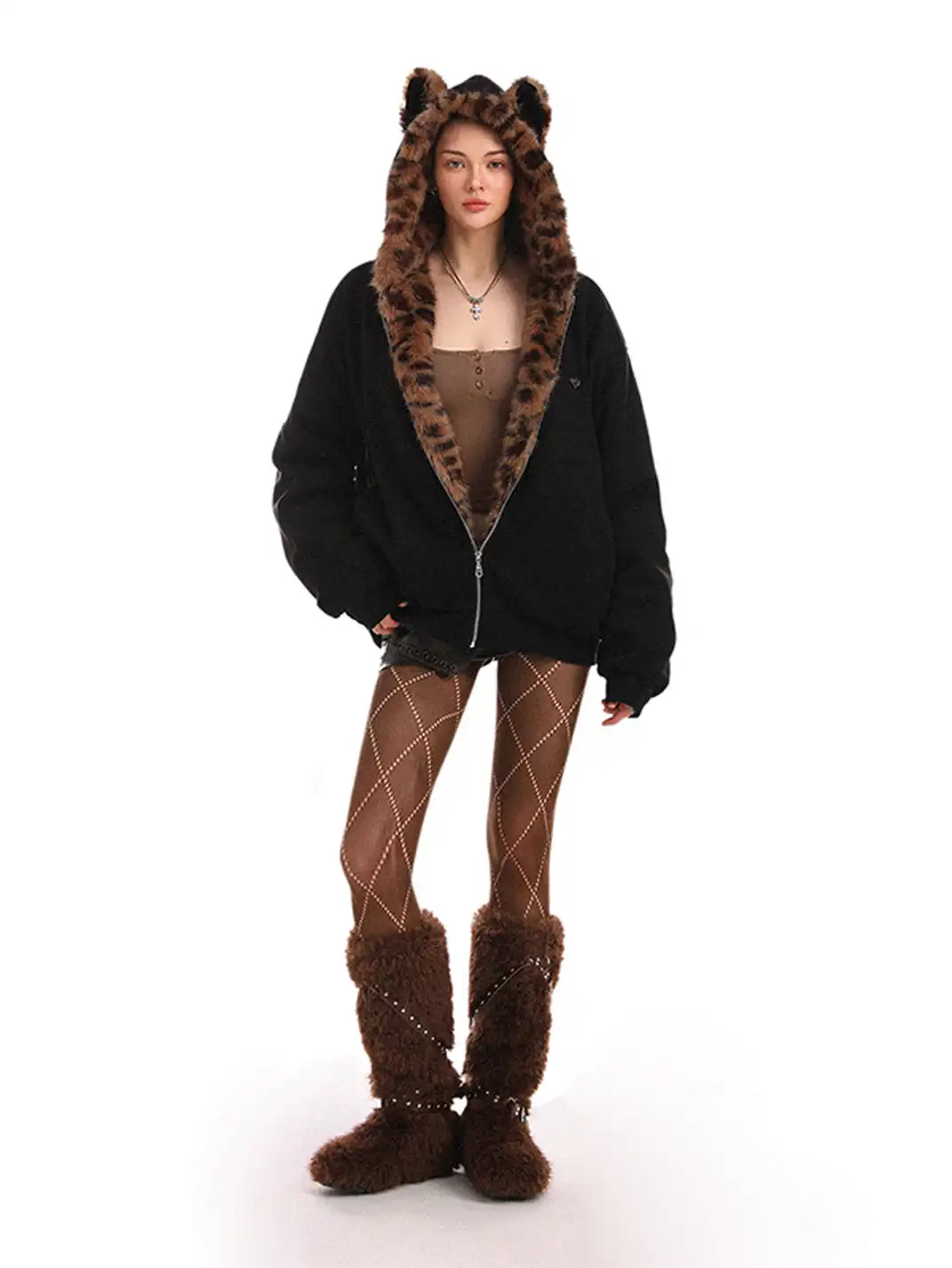 BIGGOLD | Suede Leopard Fleece Hooded Coat
