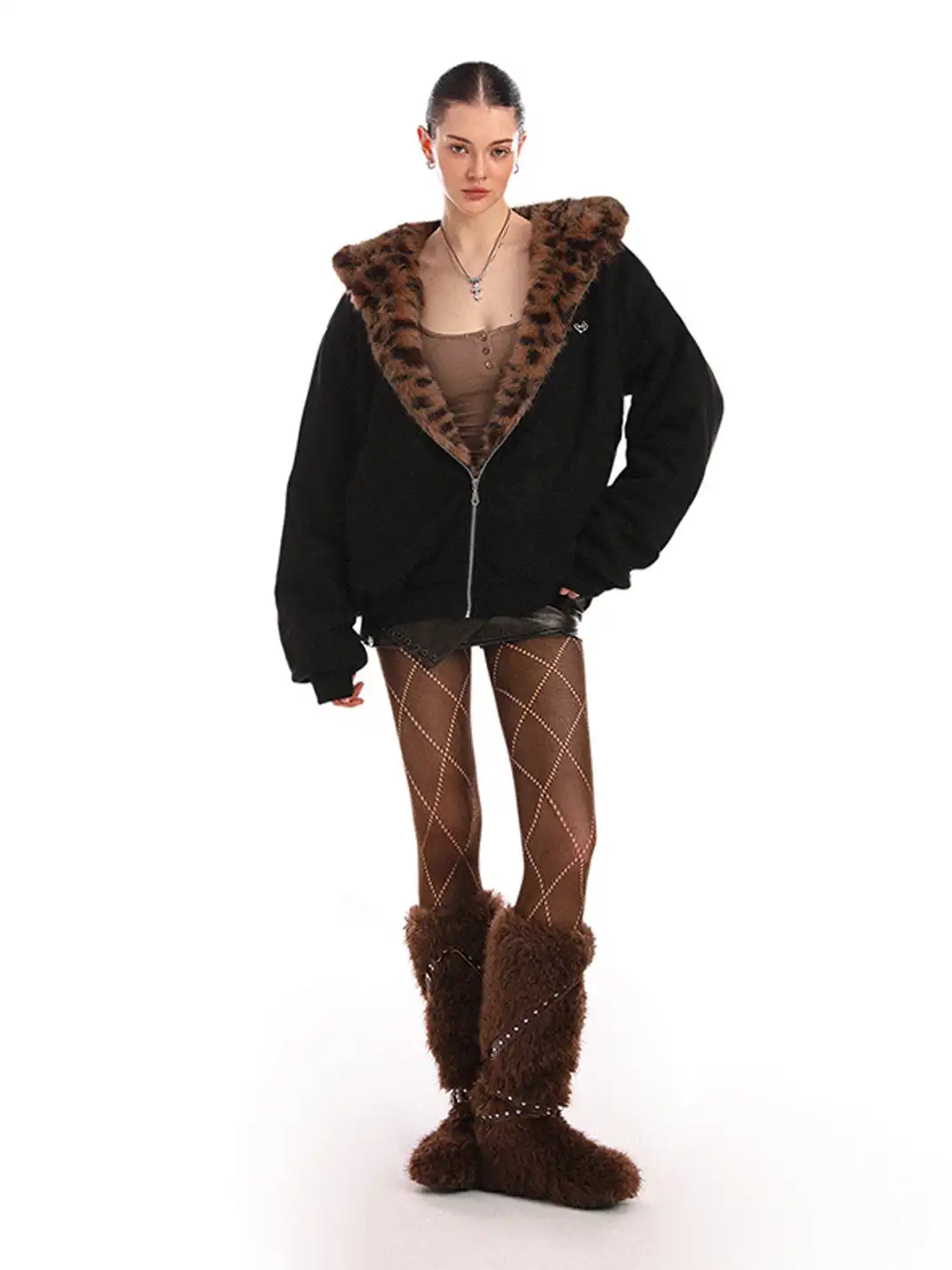 BIGGOLD | Suede Leopard Fleece Hooded Coat