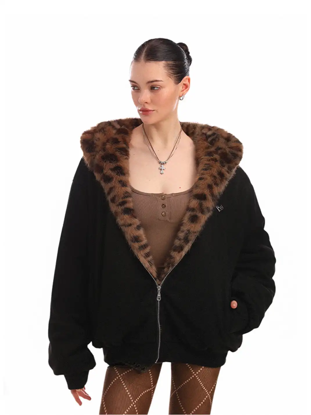 BIGGOLD | Suede Leopard Fleece Hooded Coat