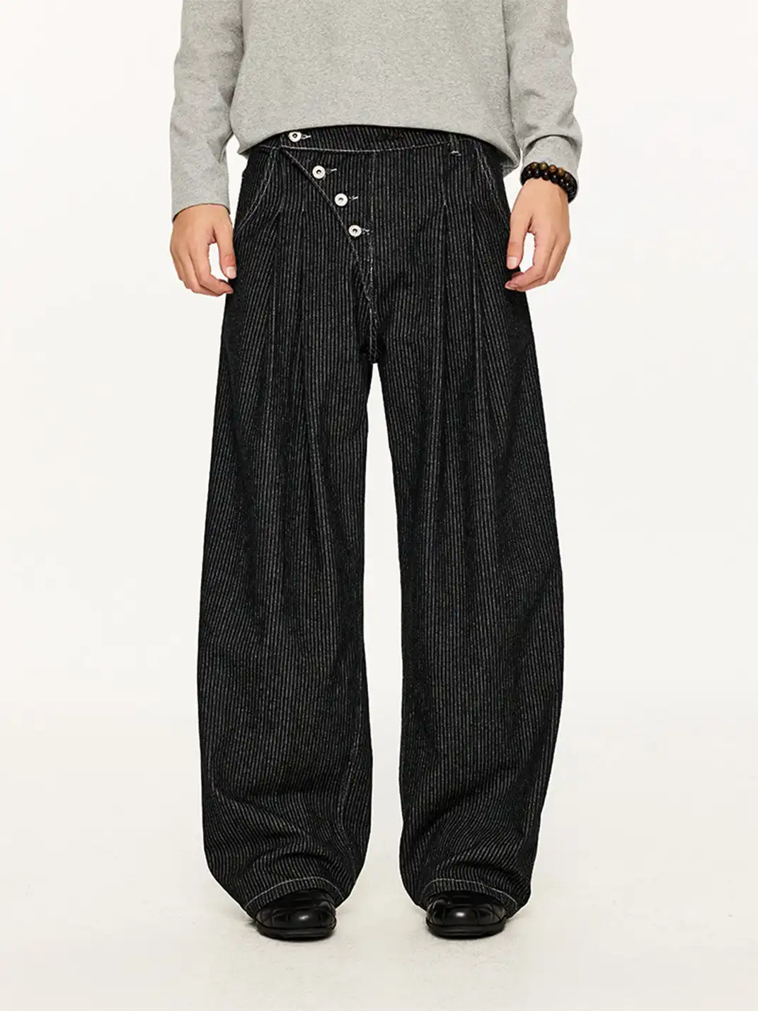 KREATE | Striped Pleated Wide-Leg Denim Pants