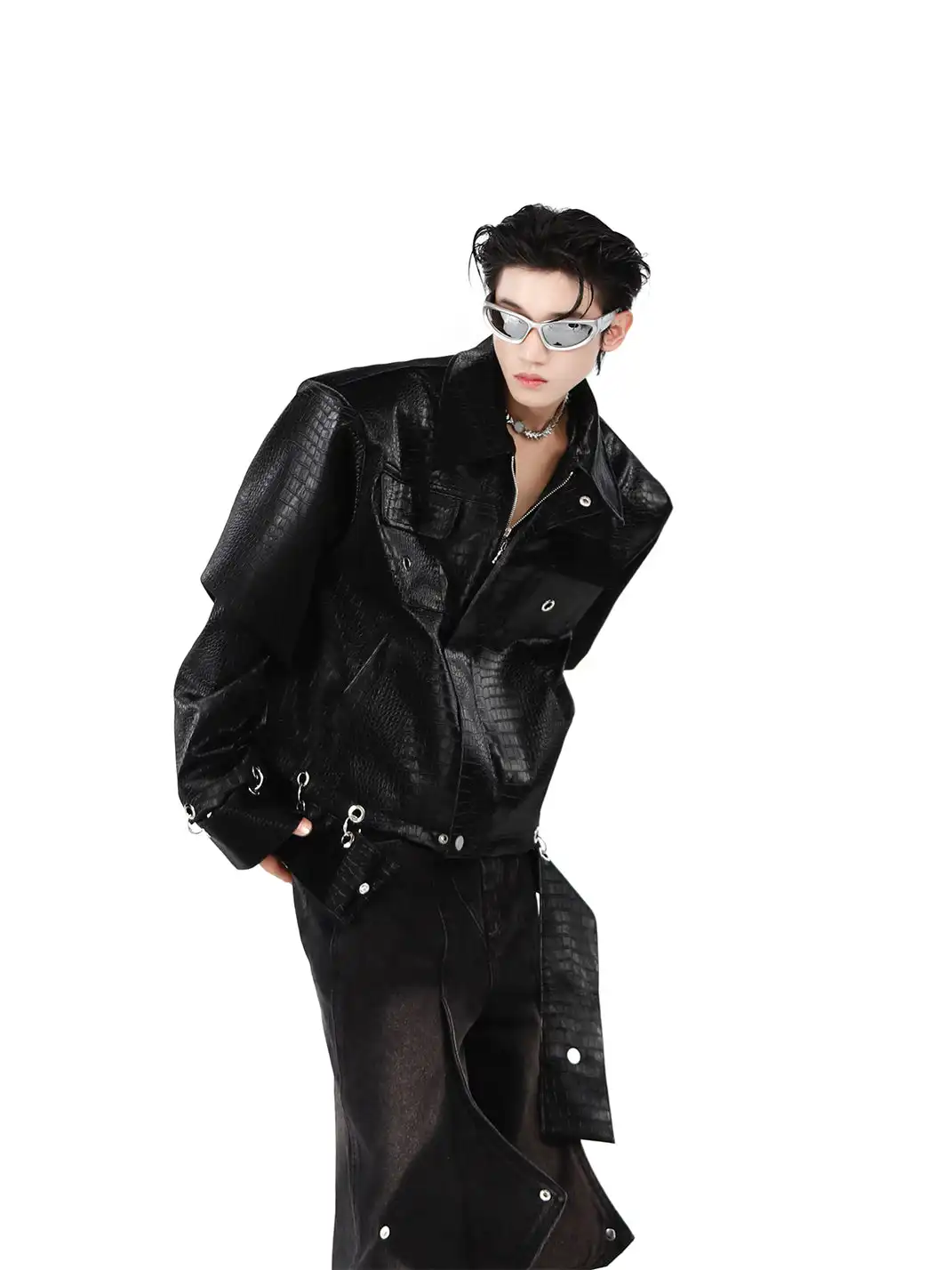 ArguE CulturE | Croc-Pattern Shoulder Pad PU Leather Jacket