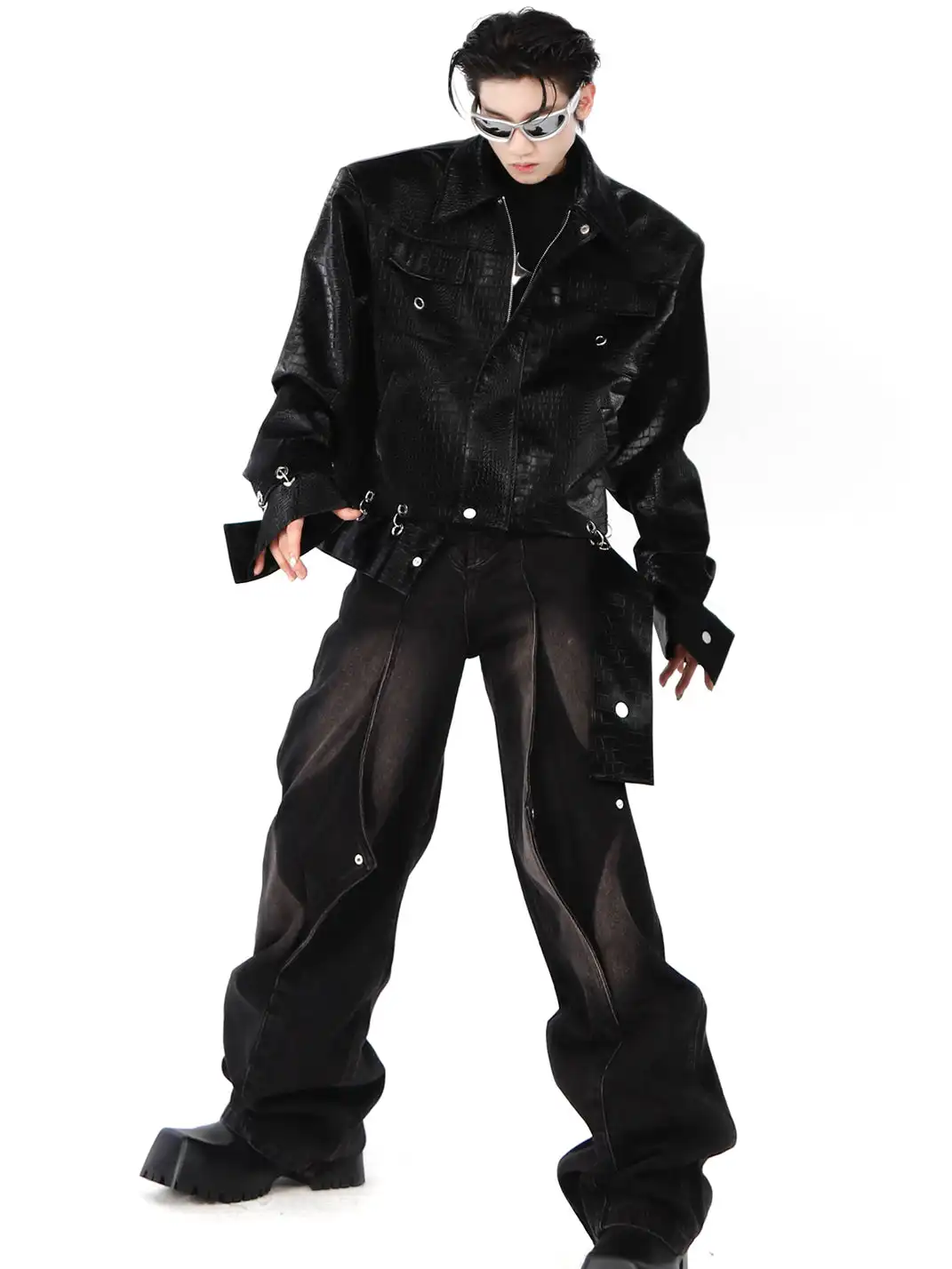 ArguE CulturE | Croc-Pattern Shoulder Pad PU Leather Jacket
