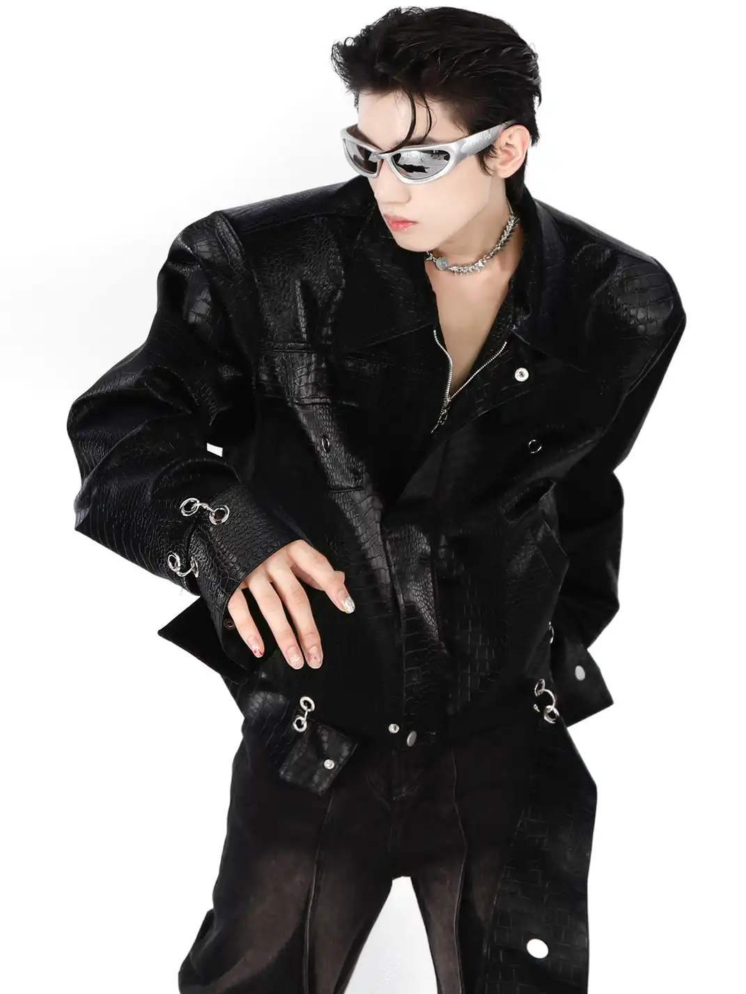 ArguE CulturE | Croc-Pattern Shoulder Pad PU Leather Jacket