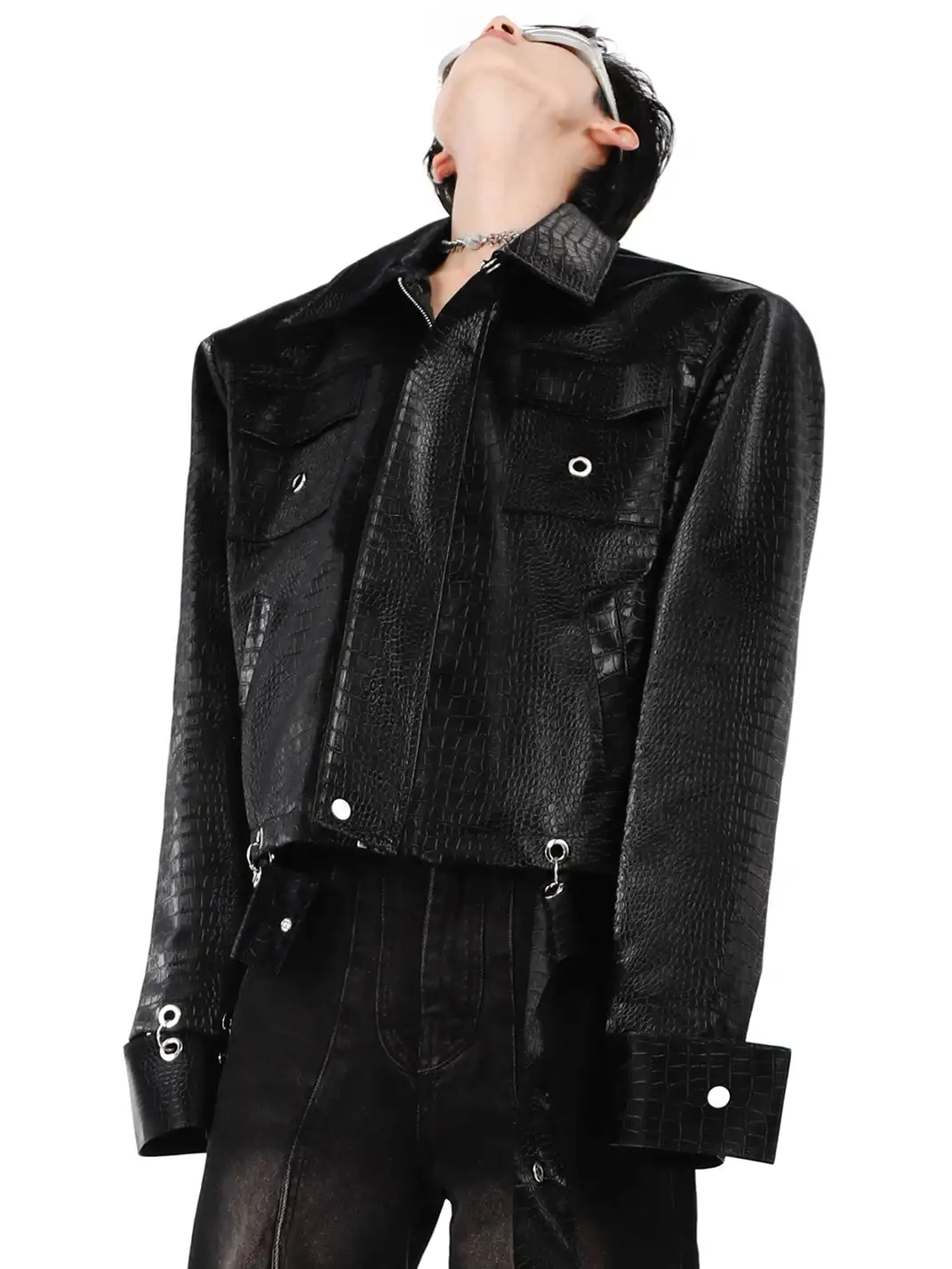 ArguE CulturE | Croc-Pattern Shoulder Pad PU Leather Jacket