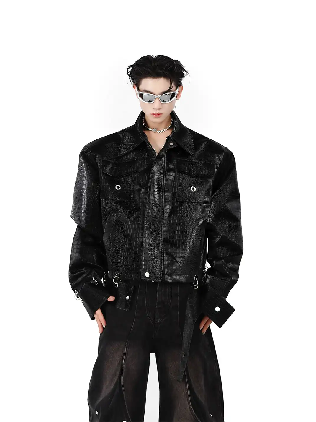 ArguE CulturE | Croc-Pattern Shoulder Pad PU Leather Jacket