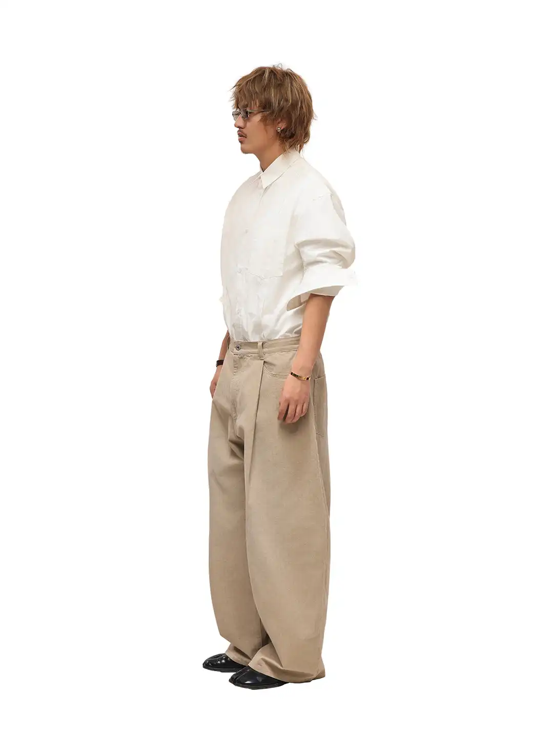 6CRAYON | Khaki Classic Herringbone Washed Wide-Leg Trousers
