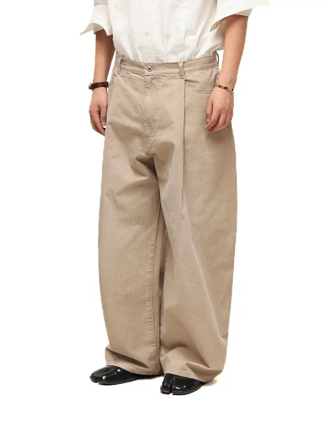 6CRAYON | Khaki Classic Herringbone Washed Wide-Leg Trousers
