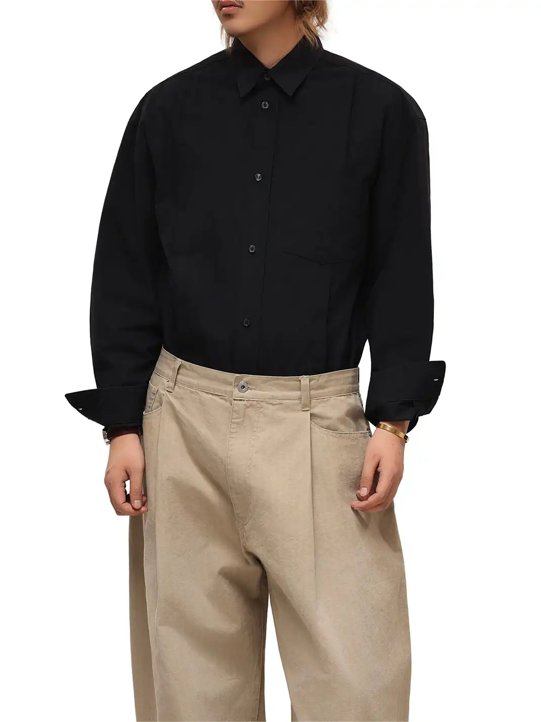 6CRAYON | Patchwork Basic Black Cotton Poplin Embroidered Shirt
