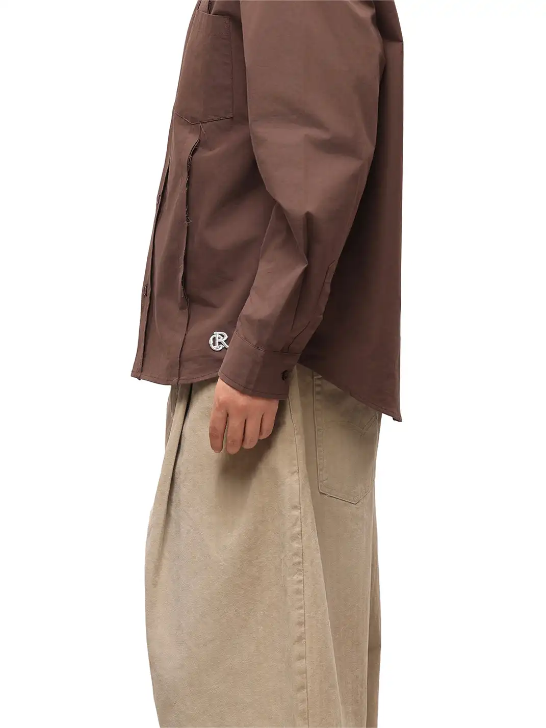 6CRAYON | Patchwork Basic Brown Cotton Poplin Embroidered Shirt