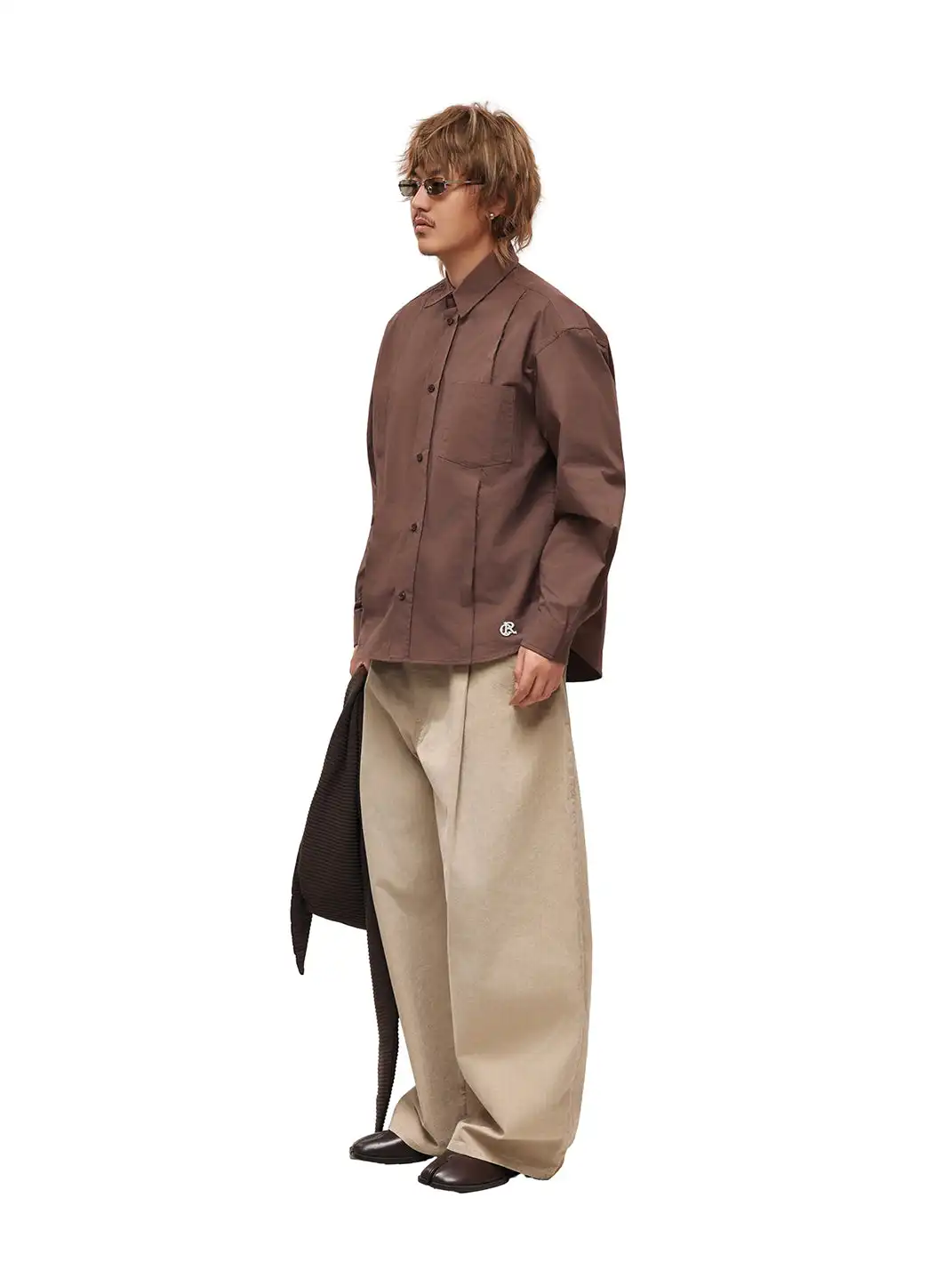 6CRAYON | Patchwork Basic Brown Cotton Poplin Embroidered Shirt