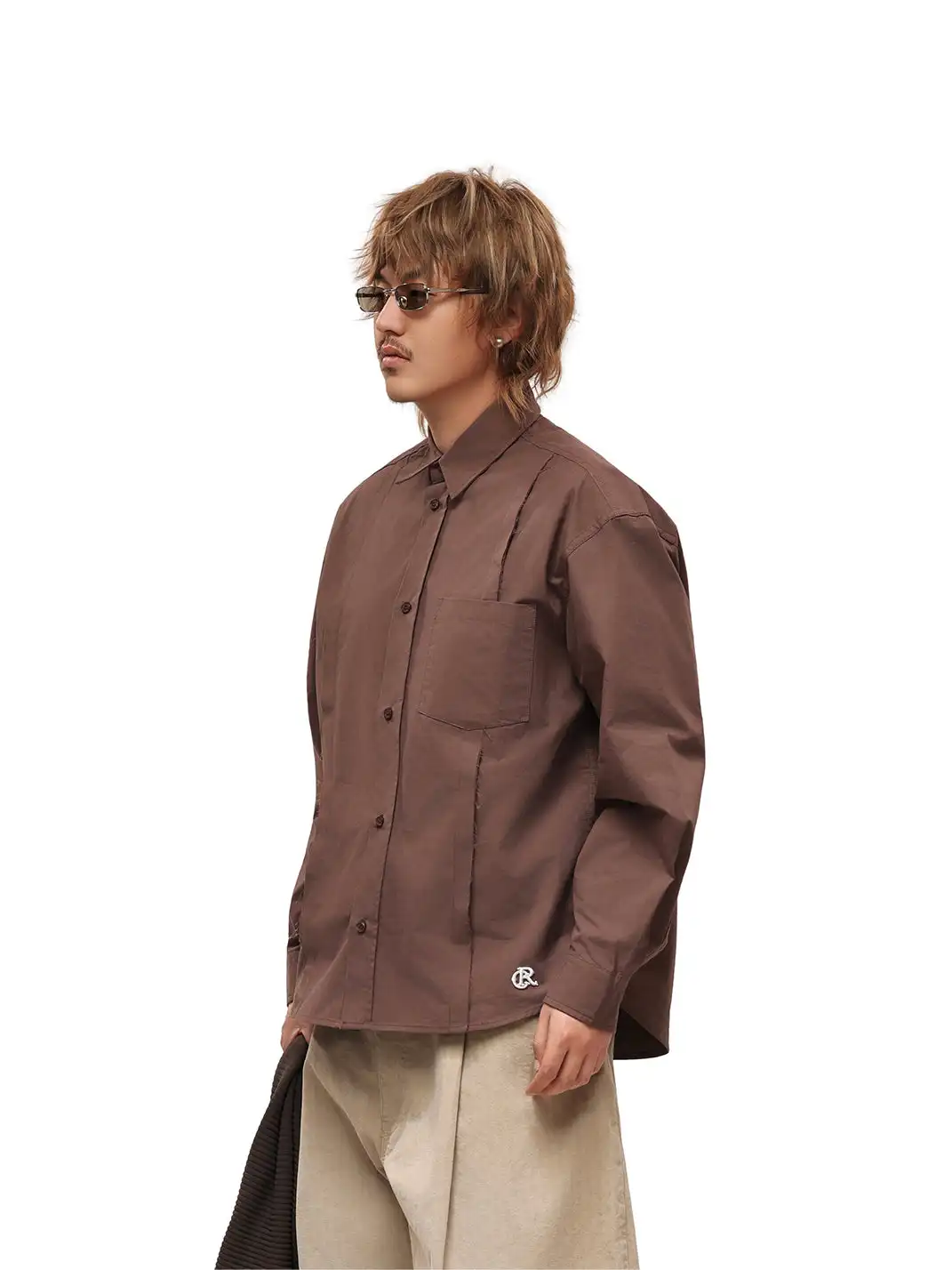 6CRAYON | Patchwork Basic Brown Cotton Poplin Embroidered Shirt