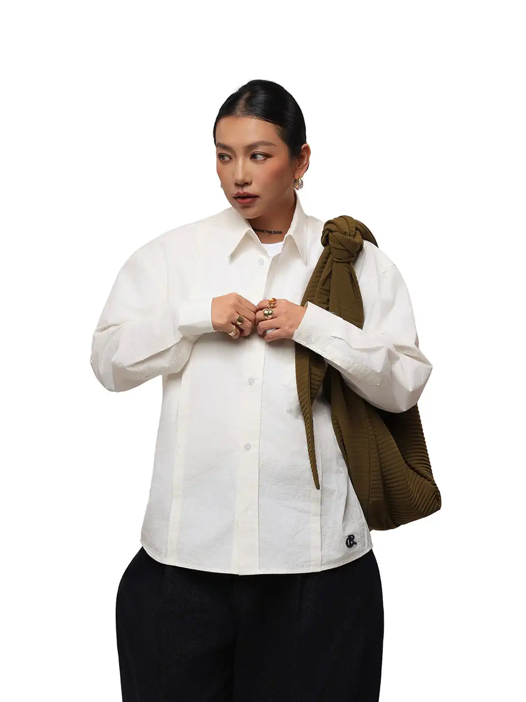 6CRAYON | Patchwork Basic Beige Cotton Poplin Embroidered Shirt