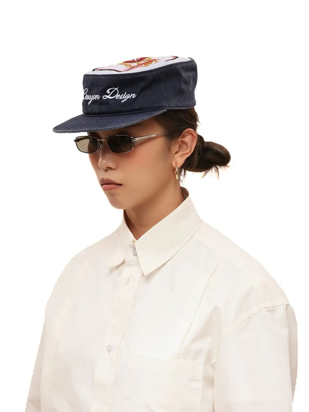 6CRAYON | Flat Top Embroidered Washed Navy Patchwork Baseball Cap
