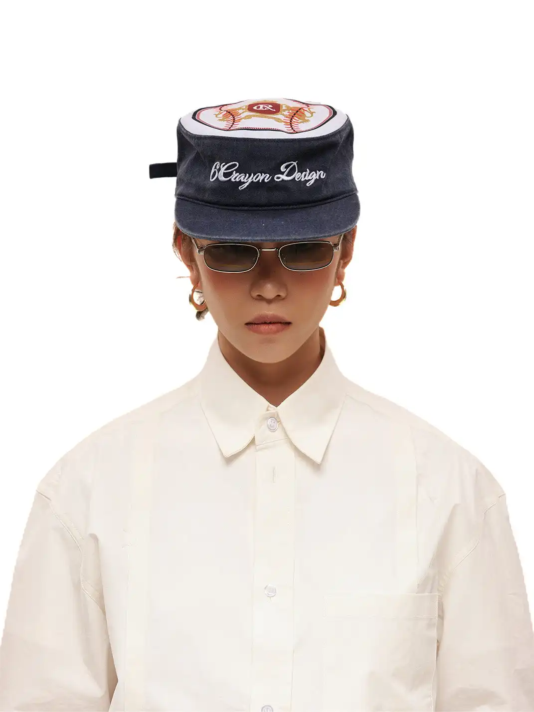 6CRAYON | Flat Top Embroidered Washed Navy Patchwork Baseball Cap