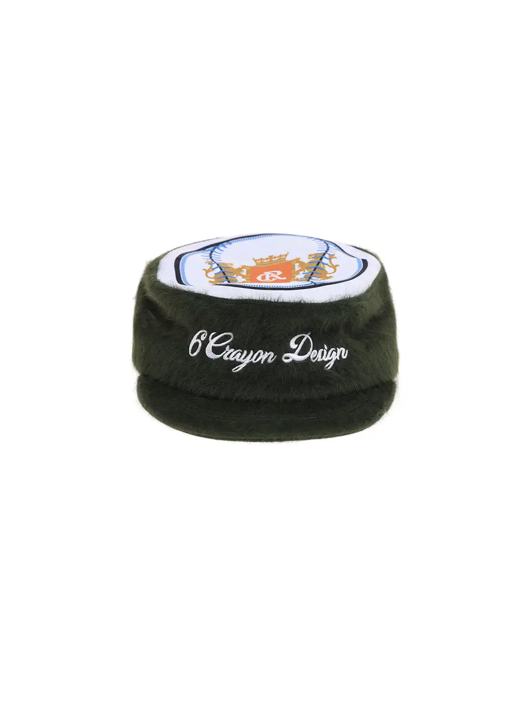 6CRAYON | Flat Crown Baseball Cap - Embroidered Rabbit Fur & Patchwork in Military Green