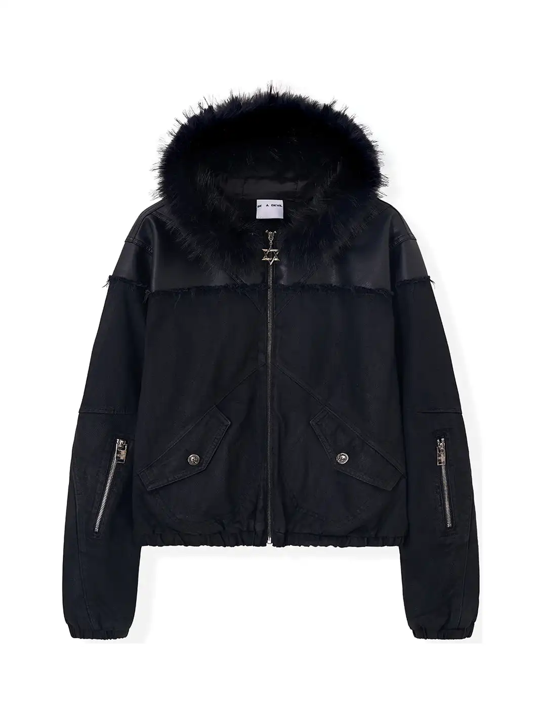 BE A DEVIL | “SØÐ” Detachable Fur Hooded Denim Hybrid-Leather Jacket