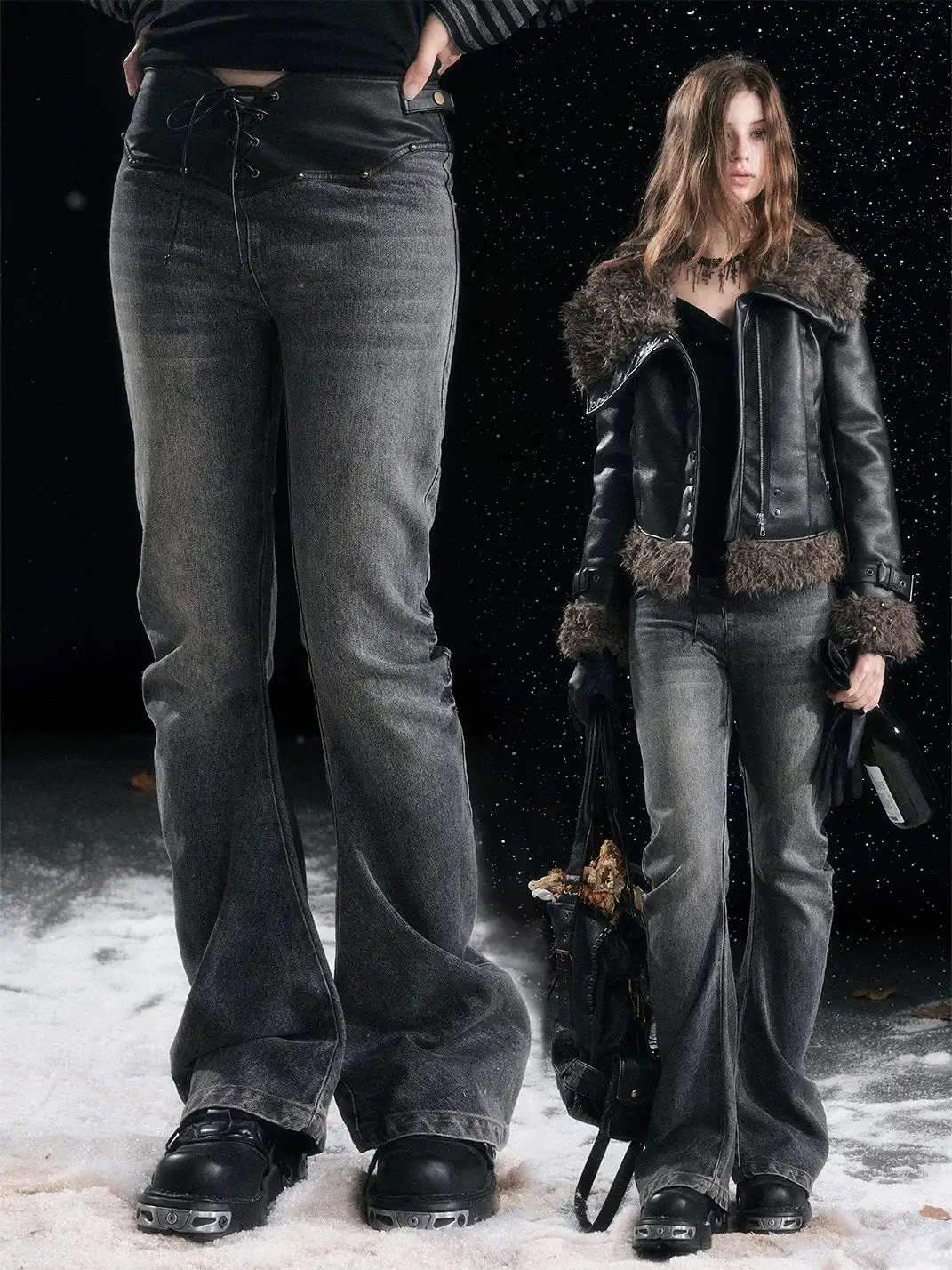 CestNous | Lace-Up Waist Pleated Denim Pants