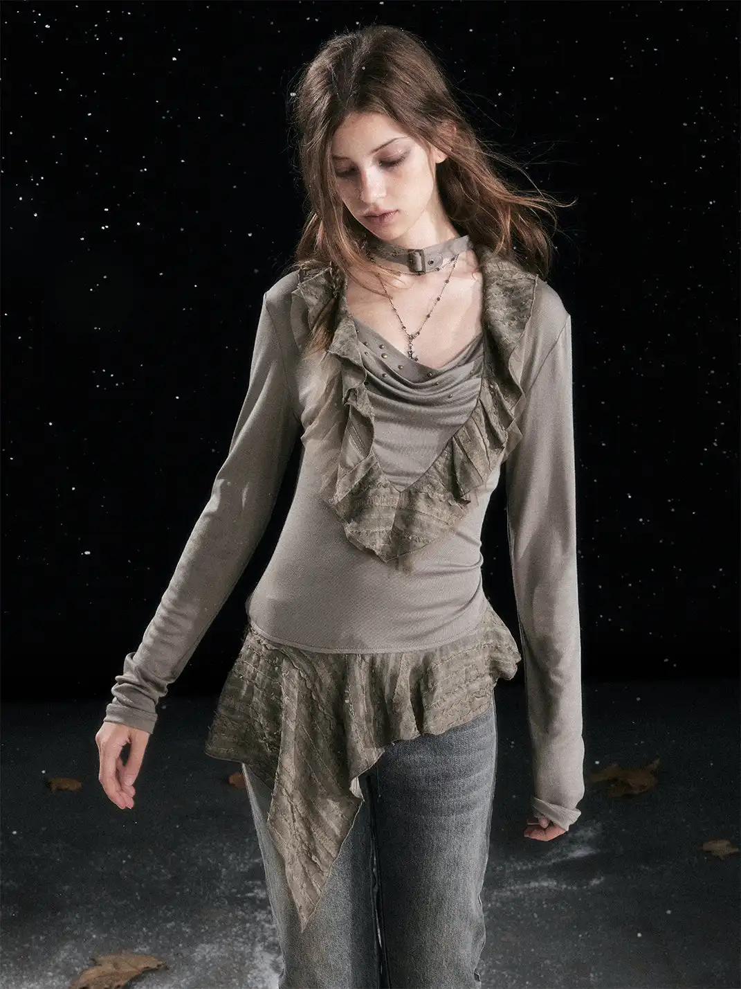 CestNous | Asymmetrical Ruffle Detail Long Sleeve Top